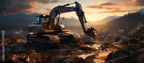 excavator working on a construction site at sunset, low angle view photo