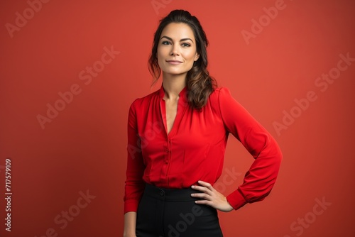 Portrait of a beautiful young business woman on a red background.