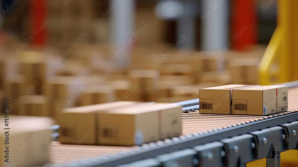 A conveyor belt in a distribution warehouse with a row of cardboard box packages A conveyor belt in a distribution warehouse with a row of cardboard box packages