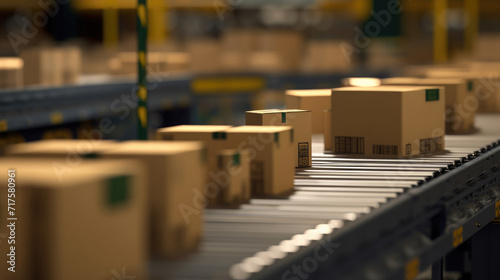 A conveyor belt in a distribution warehouse with a row of cardboard box packages © Thanos