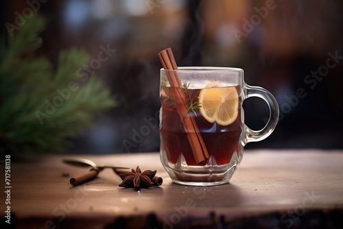 mulled wine in a glass with a handle, steam visible
