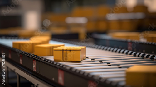 A conveyor belt in a distribution warehouse with a row of cardboard box packages