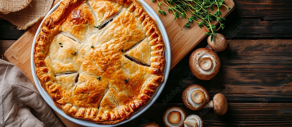 Chicken and mushroom pie on a wooden table with a bamboo cutting board Chicken and mushroom pie on a wooden table with a bamboo cutting board