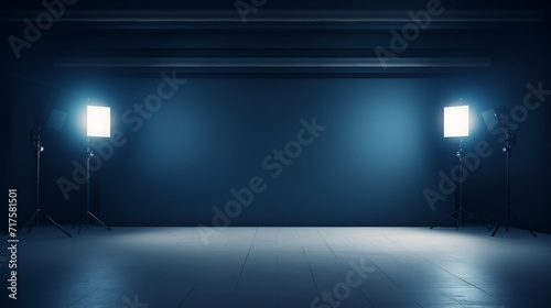 Blue-Themed Scene Set with Professional Lighting Equipment on Each Side, Ideal for Product Showcases or Video Production, Elevating the Presentation with a Studio-Quality Atmosphere