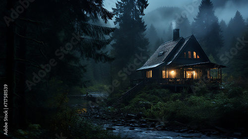 mountain cabin nestled in a cabin watching the rain © Aura