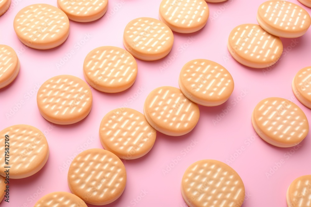 Delicate Vanilla Wafer Biscuits Arranged in a Playful Pattern, on isolated pink background, Generative AI Delicate Vanilla Wafer Biscuits Arranged in a Playful Pattern, on isolated pink background, Generative AI