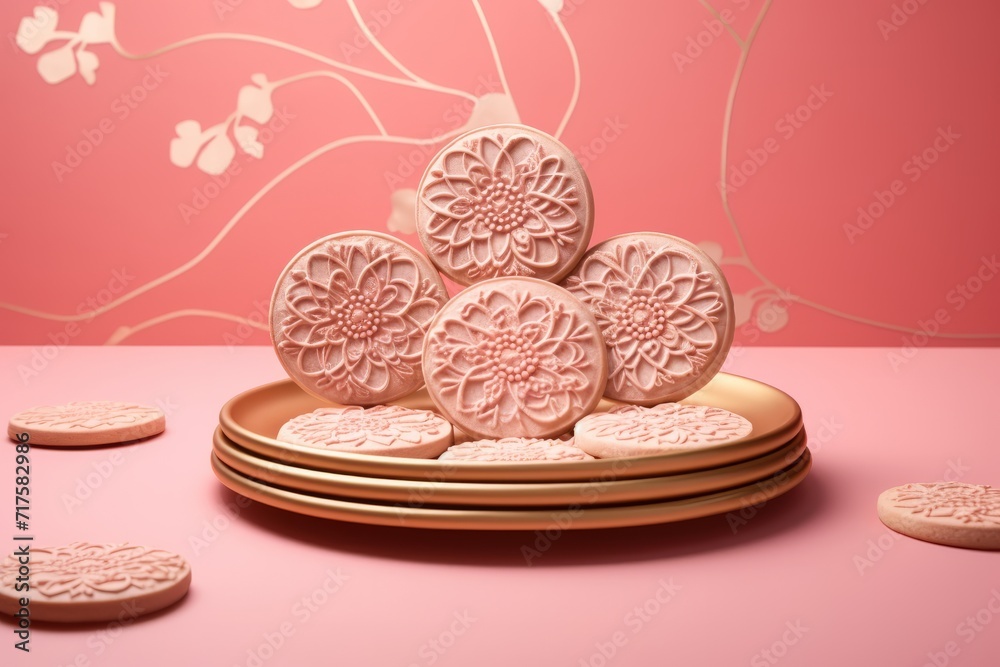 Elegant Tea Biscuits with Intricate Designs, on isolated pink background, Generative AI Elegant Tea Biscuits with Intricate Designs, on isolated pink background, Generative AI