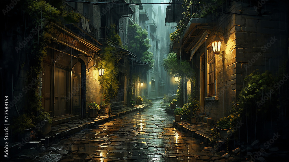 night rain in a alleyway. a narrow alleyway glistens