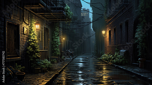 a narrow alleyway glistens night rain in a alleyway.