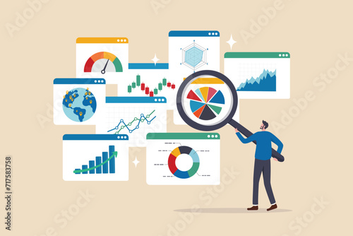 Analysis report research result, chart and diagram dashboard, financial graph statistics, analyze data, SEO or optimization concept, businessman with magnifying glass analyze research chart and graph. photo