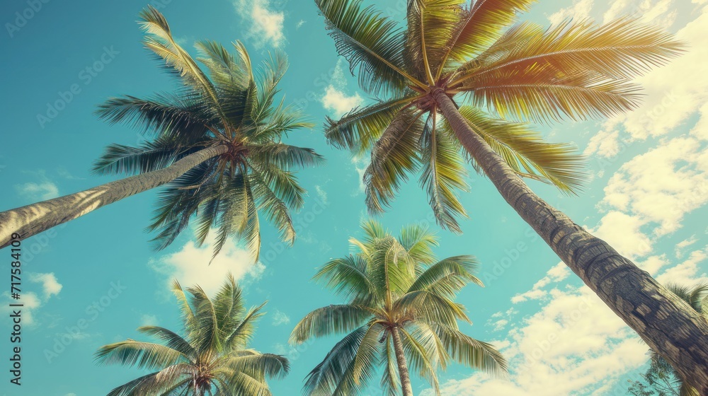 photograph of Tropical coastal palm trees, vintage chic, coconut trees, summer retro.