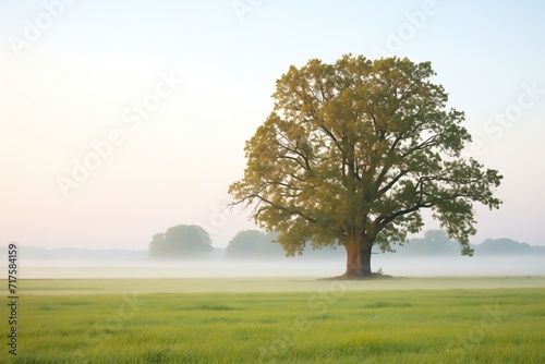 lone oak tree shrouded by early morning fog in meadow