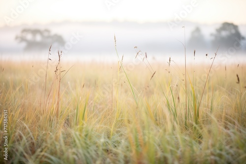 pasture wild grass standing tall with fog setting