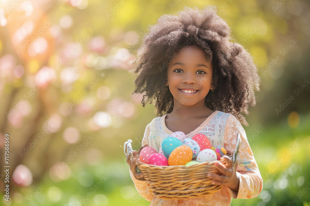 Fototapeta premium Cute african american girl holding basket of colorful Easter eggs