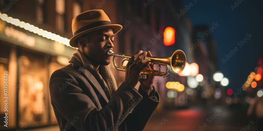 Obraz premium A trumpet player wearing a hat and playing a trumpet in a street at night