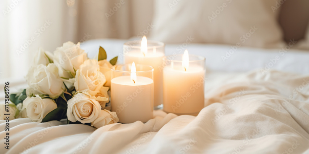 Soft Candle Glow on Bed with Fresh White Flowers Soft Candle Glow on Bed with Fresh White Flowers