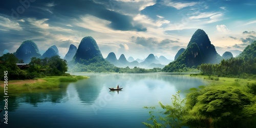 landscape panorama in Asia with mountain and river lake view