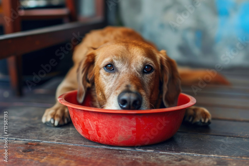 Very sad dog near an empty bowl