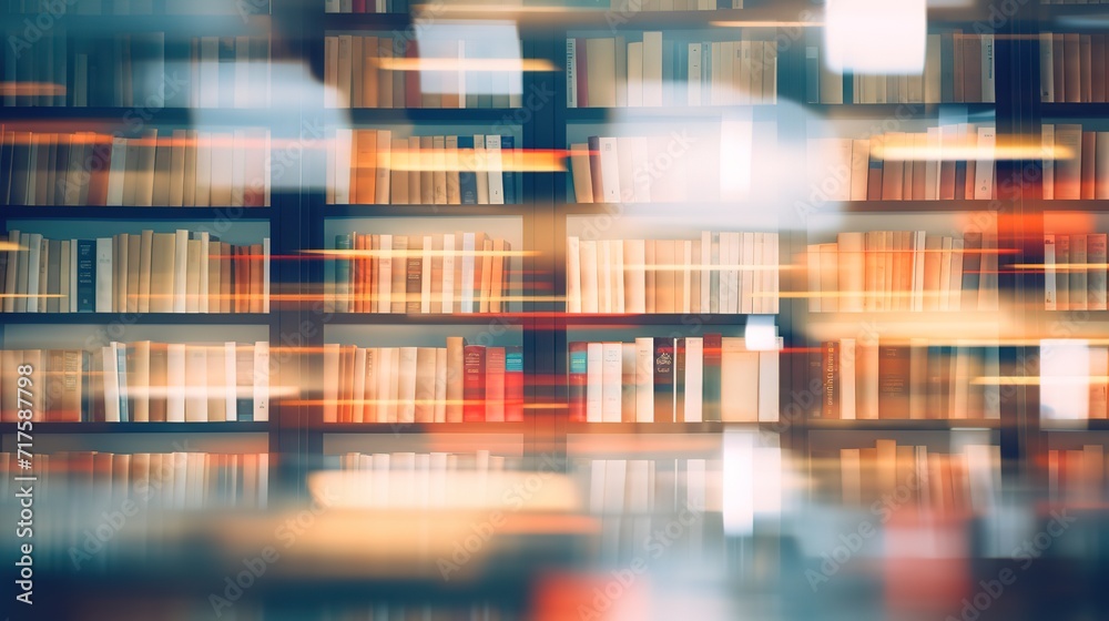 A row of various kinds of books with a library background photographed with a blur effect. generative AI A row of various kinds of books with a library background photographed with a blur effect. generative AI