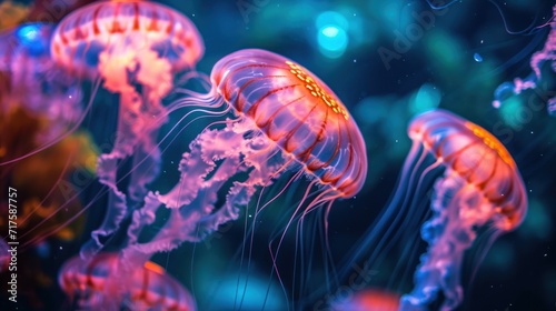 Underwater animals Brightly colored sea jellies with glowing tentacles.