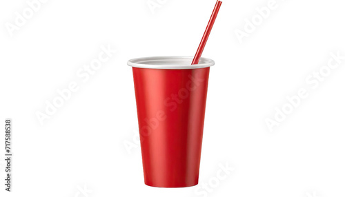 Red paper cup with drinking straw on transparent background.