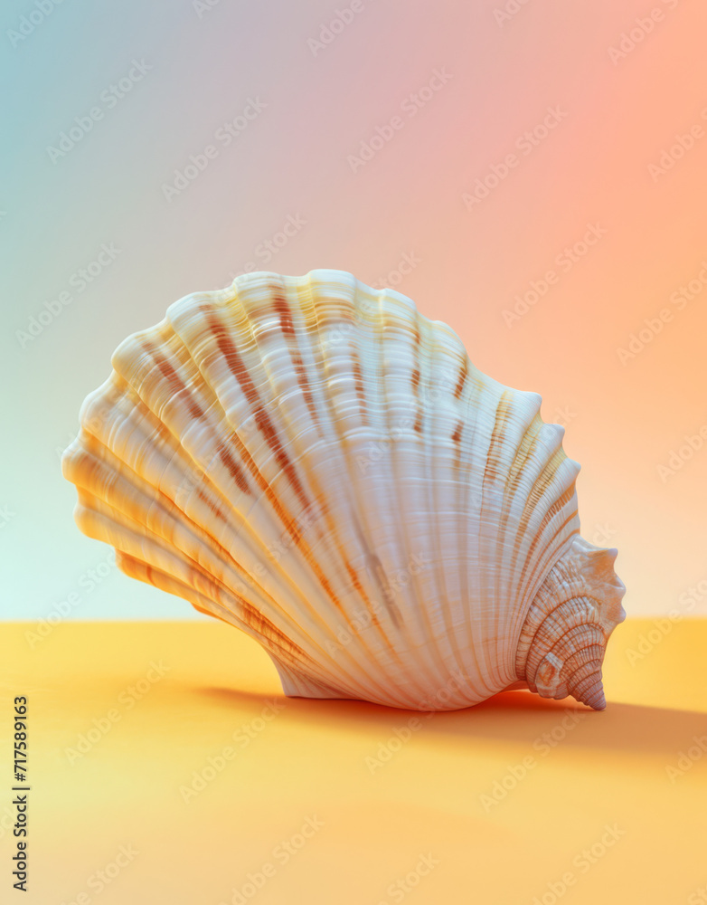 A scallop shell with intricate patterns on an orange backdrop. A scallop shell with intricate patterns on an orange backdrop.
