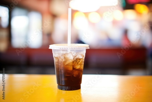 root beer in a plastic cup with a lid and straw for takeaway