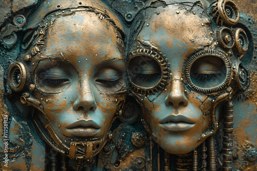 surreal metallic relief of two cyborg heads