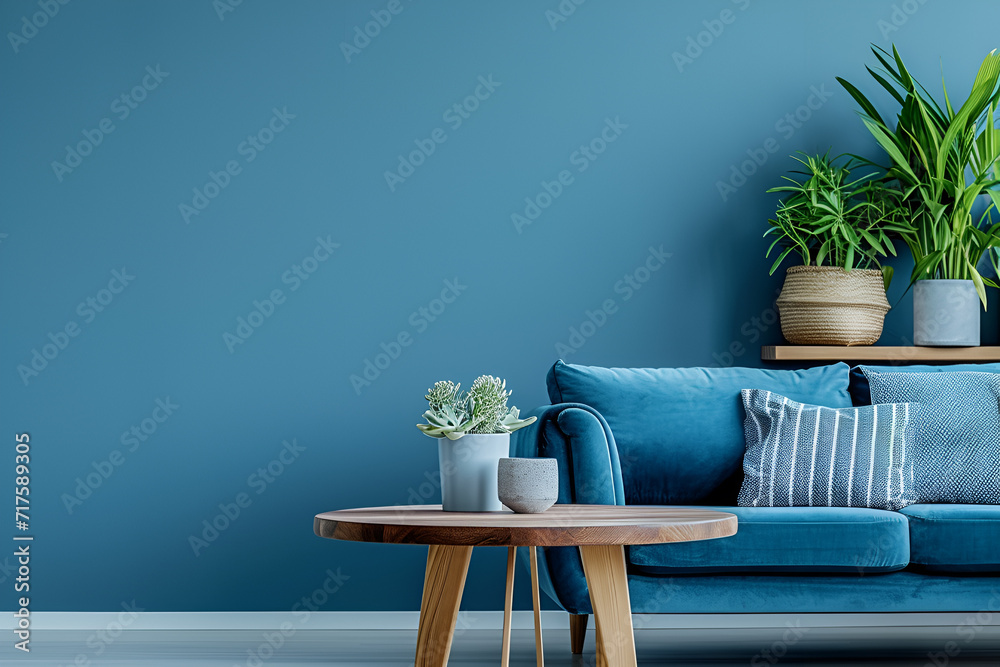 Details of the Scandinavian home interior design. A wooden round coffee table near a blue sofa, colorful pillows and lots of green plants. Space for text

