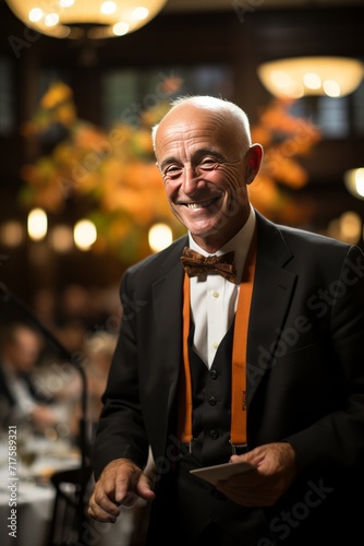 Philanthropist addressing a room full of donors and volunteers at a nonprofit's annual fundraising dinner, Generative AI