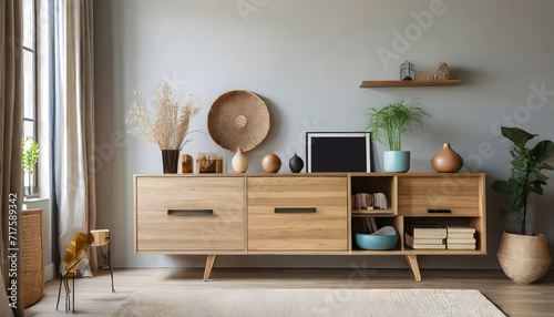 Fototapeta Naklejka Na Ścianę i Meble -  Wooden cabinet with decorative items in modern room. Generative AI.