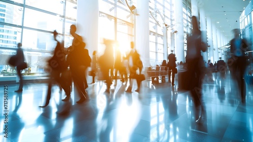 Crowd at the office. Blurred business people background. Busy time work scene. Rush hour time concept