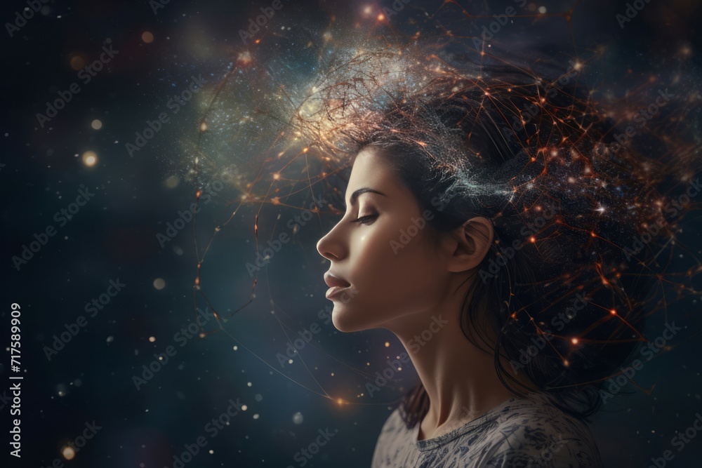Woman enveloped expansive universe. Brunette and youthful female with colorful particularity. Generate AI
