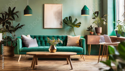 Wooden table in front of green couch in spacious living room interior with plants and lamps. Generative AI.