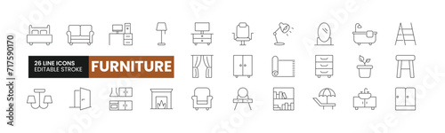 Set of 26 Furniture line icons set. Furniture outline icons with editable stroke collection. Includes Lamp, Chair, Sofa, Bed, Dressing Table, and More.