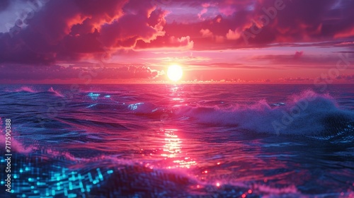 Pixelated sunrise over a digital ocean.