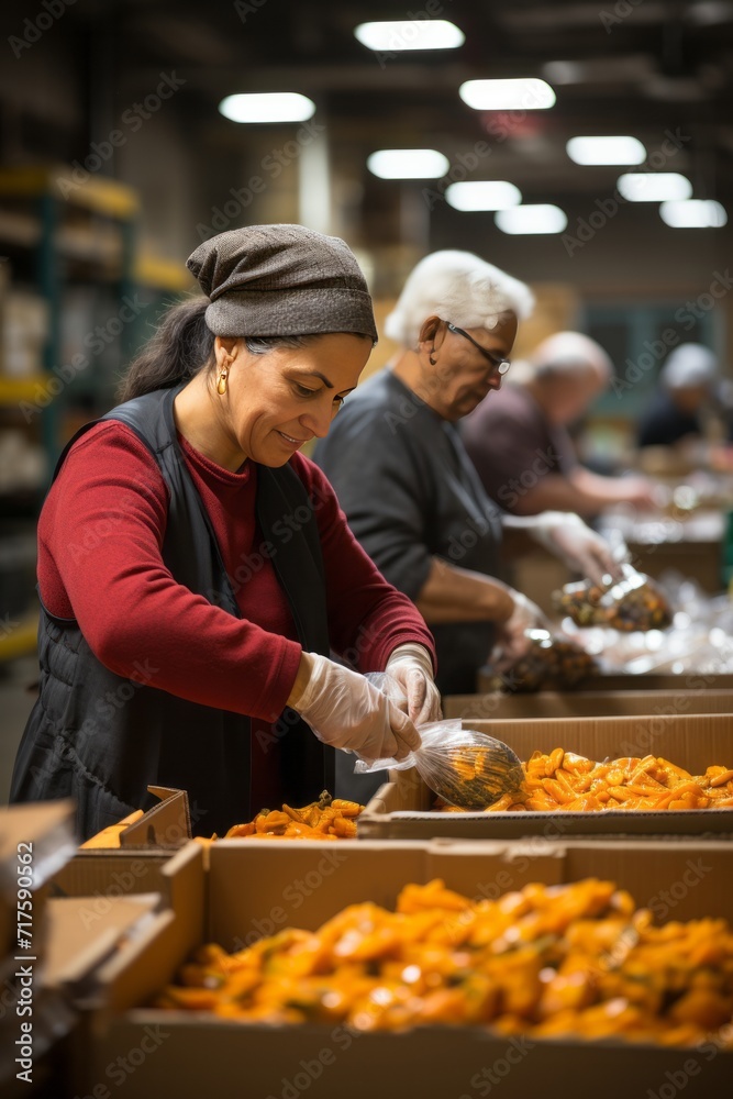 Philanthropist and volunteers sorting food donations for a local food bank, Generative AI