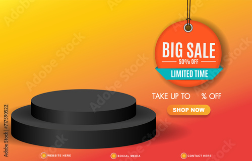 big sale template banner with blank space 3d podium for product sale with abstract gradient orange and yellow background design