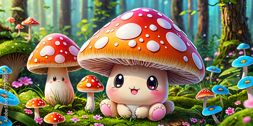 Cute Kawaii Mushroom, vibrant color background