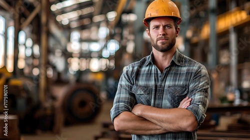 Portrait of a man, a professional heavy industry engineer standing with arms crossed in an industrial factory wearing a hard hat.