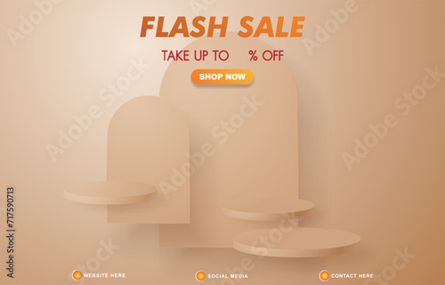 flash sale discount template banner with blank space 3d podium for product sale with abstract gradient brown background design