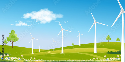 Environmental Background,Spring landscape green field with windmill on mountain,blue sky,cloud,Vector Rural with Solar panel wind turbines installed as renewable station energy sources for electricity photo