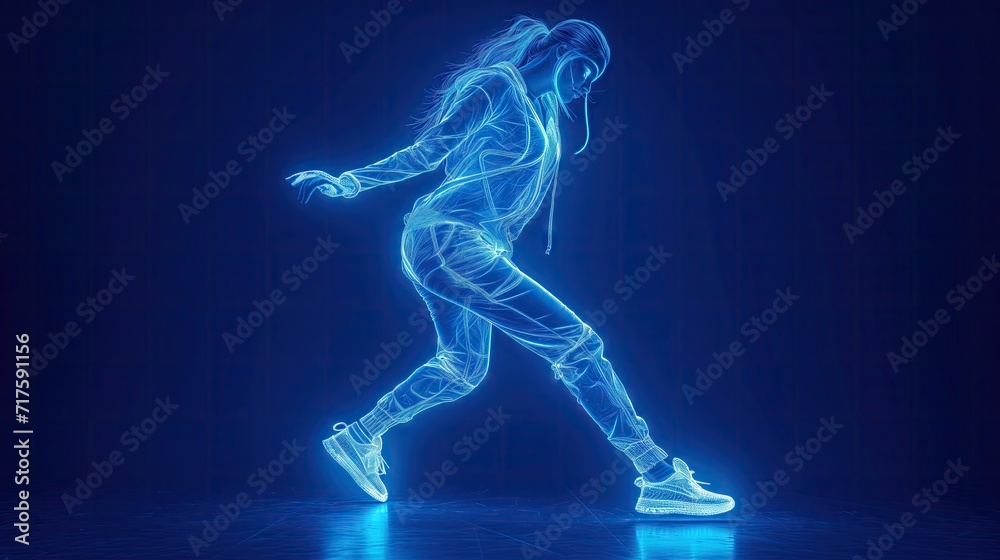 silhouette of a woman dancing modern pose with a Neon glowing outline effect.