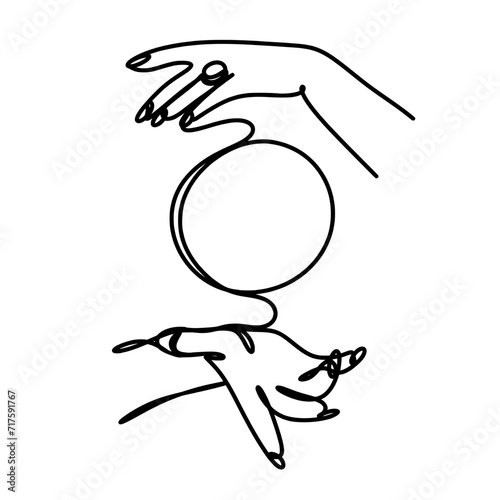 Hand with crystal ball in one line art drawing
