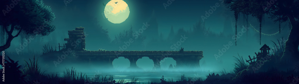 moonlit bridge in the enchanted forest, nighttime atmosphere with moonlight in pixel art style, pixel art background, landscape background, rpg game background, background with a ratio size of 32:9 - obrazy, fototapety, plakaty 