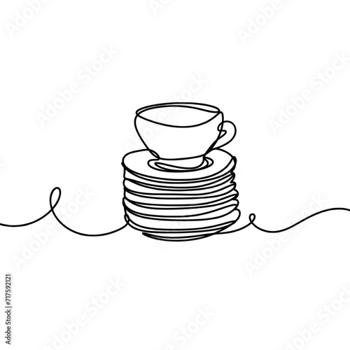 Stack of plates with coffee cup on top one line art drawing 