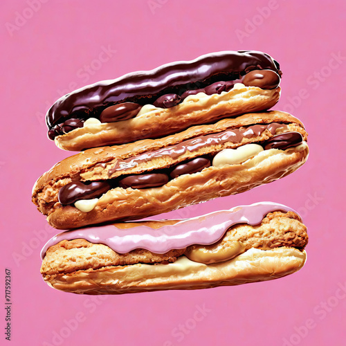 Photorealistic Pop Art Illustration of a Vintage Eclair with Soft Natural Lighting and Fauvist-Inspired Color Palette Gen AI photo