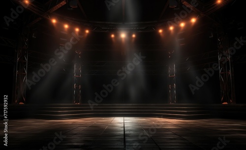 Spotlights illuminate empty stage with dark background. black tone night light.