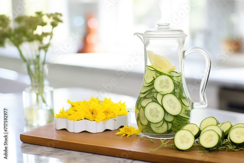 fresh cucumber slices in a pitcher of infused sparkling water