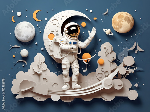 Paper art style of astronaut raising the flag on the moon with spacecraft design, flat-style vector illustration design.